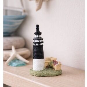 Vintage Mini Lighthouse Figurine Black White Coastal Decor Nautical Shelf Art